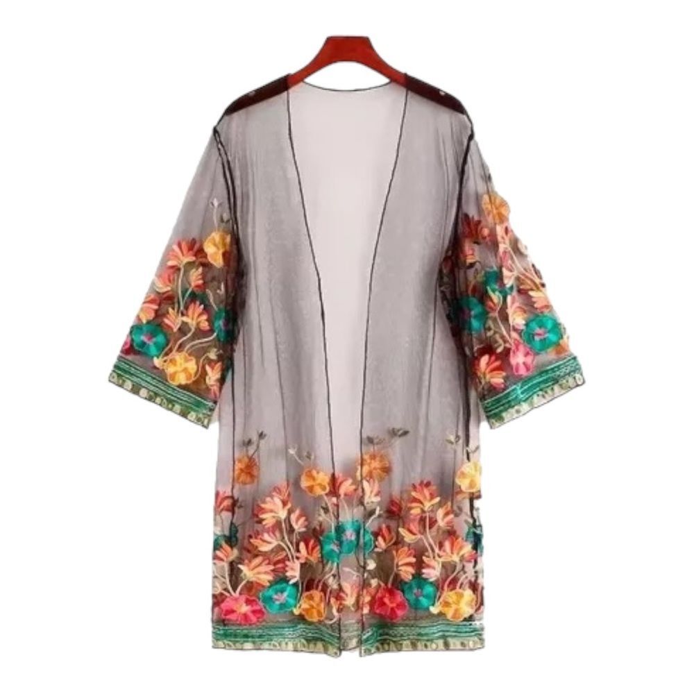 SHEIN‎ Appliqués Mesh Floral Embroidery Kimono 1XL